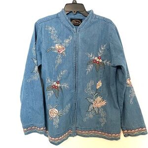 ALEX KIM Jacket Blue Denim  Floral Embroidery Lined Hook Closure Womens Size XL